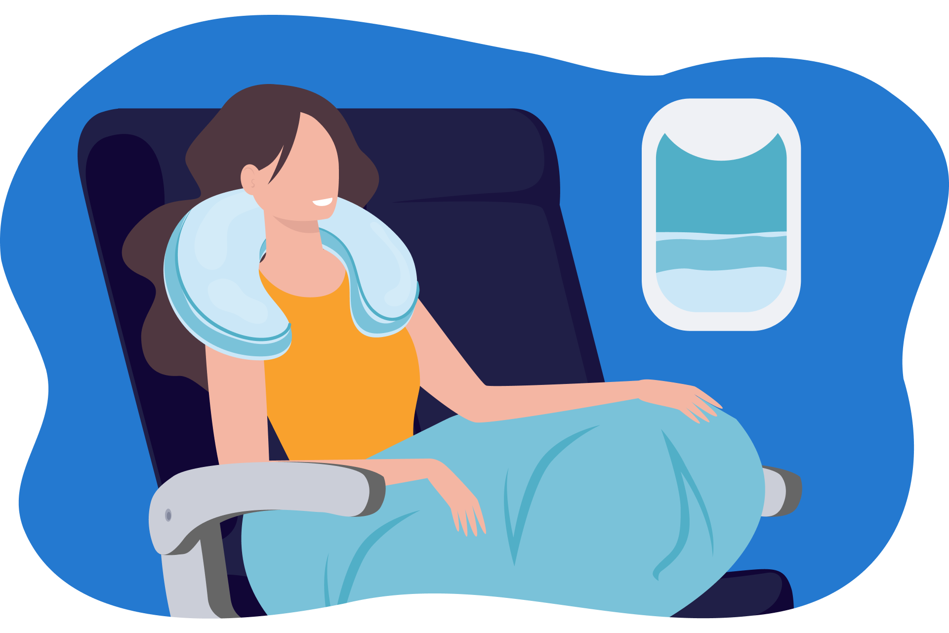 Desenho de pessoa dentro de avião, sentada com cobertor e almofada.